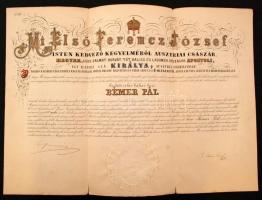 1869 Nagyalakú kanonoki kinevezés Bémer Pál részére Ferencz József saját kezű aláírásával és a nagyváradi püspök ellenjegyzésével / 1869 Prebendary appointing warrant with autograph signature of Emperor Franz Joseph.