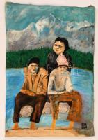 Olvashatatlan jelzéssel: Folyóparton. Olaj, vászon-karton, 70×48 cm