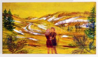 Klie jelzéssel: Szerelmespár a doboldalnál. Olaj, farost, 39×77 cm