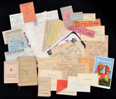 cca 1907-1971 Vegyes papírrégiség tétel(névjegykártya, szórólap, szavazójegy, belépőjegy-közte mozijegyek, beadási könyv, stb.), kb. 40 db