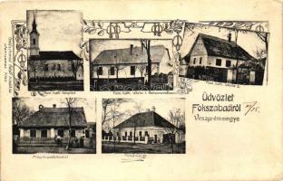 Balatonszabadi, Fokszabadi; Magyar királyi posta hivatal, Plébánialak, Római katolikus iskolák, kiadja Goldschmied Adolf, Art Nouveau (EK)
