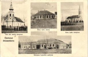 Dézsánfalva, Dejan; Görög Keleti szerb templom, Római Katolikus iskola, Római Katolikus templom, Kelemen Lajos szálloda / church, school, hotel (EK)