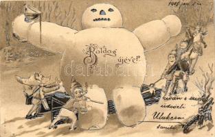 New Year, dwarves, snowman, silver Emb. litho (pinholes)
