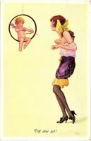 Triff aber gut! / Erotic art postcard, Vierfarbendruck-Künstlerkarte 152/1411. a. artist signed