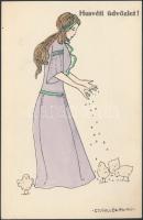 5 Húsvéti Levelezőlap Edvi Illés Panny eredetijei után; Magyar gyártmány művészlapok saját tokjában ...