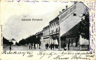 Perlak, Prelog; Fő tér, Kramarits Victor savanyúvíz főraktára, kiadja Kramarits Victor / main square, mineral water shop (Rb)