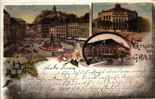 1899 Graz, Hauptplatz, Stadt Theater, Landes Theater / main squre, theater, floral, litho