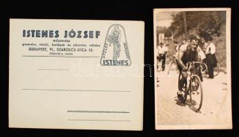 1938 Istenes József kerékpárversenyző fotója és saját céges borítékja / Hungarian cycler photo and advertising envelope