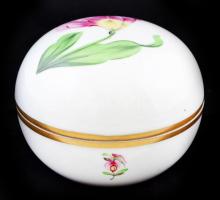 Herendi virágmintás porcelán bonbonier, kézzel festett, jelzett, hibátlan, m: 6,5 cm, d: 9,5 cm