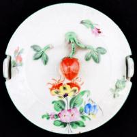 Herendi virágmintás porcelán bonbonier, sérüléssel, jelzett, d: 12 cm, m: 6 cm