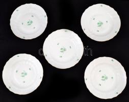Herendi zöld virágmintás porcelán leveses tálak, jelzettek, hibátlanok, 5 db, d: 26 cm