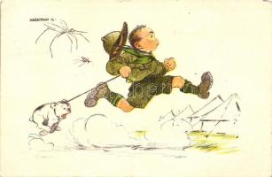 Szúnyog elől menekülő cserkész, kutyával, kiadja a Magyar Cserkészszövetség Nagytábortanácsa / Scout fleeing from mosquitos, with dog s: Márton L. (EK)