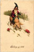 Boldog új évet / New Year, dwarf riding a pig, mushrooms, E.A.S. No. 526, litho (EK)