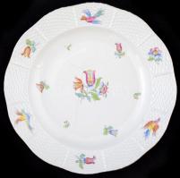 Herendi színes virág- és madármintás porcelán leveses tál, jelzett, hajszálrepedéssel, d: 26 cm