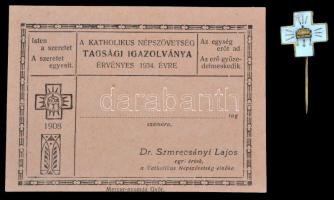 1934. "Katholikus Népszövetség" tagsági igazolványa és aranyozott, zománcozott kitűzője T:2