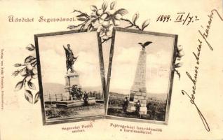 1899 Segesvár, Sighisoara; Petőfi szobor, Fejéregyházi honvédemlék a turulmadárról / monuments, floral