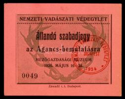 1926 Nemzeti Vadászati Védegylet. Állandó szabadjegy agancs bemutatásra. / Hunter associations ticket for trophy exhibition