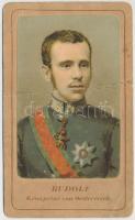 cca 1880 Rudolf trónörökös litografált, színezett fényképe, törött, feliratozva, 10,5×6,5 cm