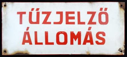 Tűzjelző állomás - zománcozott fém tábla, sérülésekkel, 15x35 cm