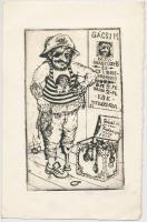 Gácsi Mihály (1926-1987): Vicces önarckép. Rézkarc, papír, jelzett a karcon, 14×8 cm