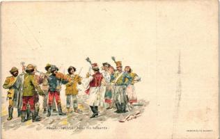 Huszártoborzó, a hátoldalon sorsjegy és érvénytelenített díjjeggyel, kiadja Posner és Fia / hussar recruiting, litho, invalidated 2fill Ga., artist signed (Rb)