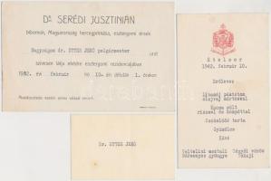 1942 Serédi Jusztinián (1884-1945) bíbornok, hercegprímás, esztergomi érsek nyomtatott meghívója Etter Jenő (1897-1973) Esztergom városi főügyész, későbbi polgármester részére, ebédmenüvel, eredeti borítékjában