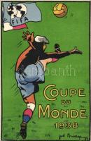 1938 'Coupe du Monde', a labdarúgó világbajnokság lapja, a hátoldalon a magyar játékosok aláírásával / postcard about the FIFA World Cup of 1938, Hungarian players autographs on the backside; litho, s: Joe Bridge (EB)
