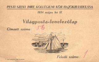 1934 Pesti Szent Imre Kollégium Hajókirándulása, Világposta-Levelezőlap; Élet kiadása / Hungarian boarding schools boat trip advertisement (b)