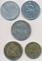 5db-os vegyes francia fémpénz tétel, közte Franciaország 1903. 25c Ni, Új-Kaledónia 1990. 1Fr Al T:v...