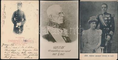 4 db VEGYES motívum képeslap, uralkodók és családtagjaik, II. Erzsébet angol királynő, XIII. Alfons spanyol király, V. Gusztáv svéd király, Vilmos német koronaherceg / 4 mixed motive postcards, rulers and royal families, Elisabeth II of England, Alfonso XIII of Spain, Gustav V of Sweden, Wilhelm German Crown Prince