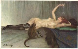 La femme / Erotic nude art postcard, monkey, No. 1220. s: S. Bender