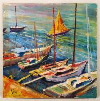 Vén jelzéssel: Vitorlások akikötőben. Olaj, farost,  64×65 cm