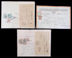 1879-1915 3 db különféle számla (Goldzieher Géza Rt., Komádi község, Nagyvárad), bélyegzőkkel, okmánybélyegekkel