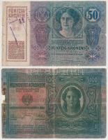 1912. 100K + 1913. 20K + 1914. 50K + 1917. 2K, mindegyik felülbélyegzésekkel (közte valószínűleg ham...