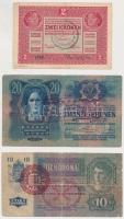 1912. 100K + 1913. 20K + 1915. 10K piros "Magyarország" felülbélyegzéssel + 1917. 2K, mindegyik felülbélyegzésekkel (közte valószínűleg hamis is / with probably fake overprints) T:III,III-