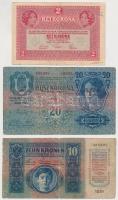 1912. 100K + 1913. 20K + 1915. 10K piros "Magyarország" felülbélyegzéssel + 1917. 2K, mind...