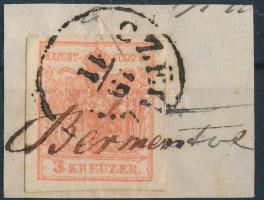 1850 3kr MP III. szép szélekkel / with nice margins &quot;CZEGLÉD&quot; + kézírással / handwritten &quot;Bérmentesítve&quot;