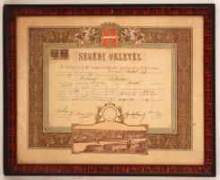 1908 A budapesti férfi ruhakészítő ipartestület elöljárósága által  kiállított segédi oklevél, üvegezett keretben