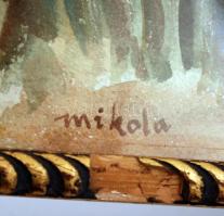 Mikola jelzéssel: Falusi háza. Akvarell, papír, üvegezett keretben, 24×33 cm