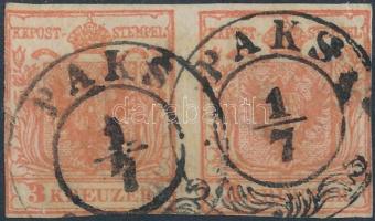 1850 2 x 3kr vízszintes pár / pair HP I. érintőlegesen vágva &quot;PAKS&quot; (kis saroktörés / folded)