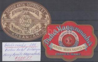 2 db sörcímke: Dreher Haggenmacher Nagyvárad, Mezey Ignác töltése, Nagyszalonta; Dreher Antal serfőzdéi Rt. Kőbánya, kiviteli márciusi sör