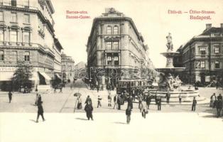 Budapest VIII. Baross utca és Üllői út, gyógyszertár, villamos, Magyar Fém- és Lámpaárugyár, vendéglő; kiadja Divald Károly