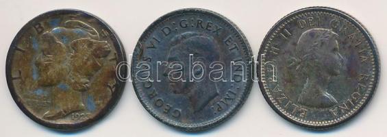 Vegyes: Amerikai Egyesült Államok 1923S 1d Ag "Mercury" + Kanada 1942-1962. 10c Ag (2x) "VI. György" + "II. Erzsébet" T:2,2-,3 patina, ph. Mixed: USA 1923S 1 Dime Ag "Mercury" + Canada 1942-1962. 10 Cents Ag (2x) "George VI" + "Elizabeth II" C:XF,VF,F patina, edge error