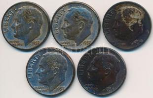 Amerikai Egyesült Államok 1952-1958. 1d Ag "Roosevelt" (5x) T:2,2- patina USA 1952-1958. 1 Dime Ag "Roosevelt" (5x) C:XF,VF patina