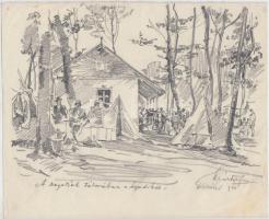 Márton Ferenc (1884-1940): 1933 Jamboree. A Szegediek táborában a Szegediek. Ceruza, papír, jelzett, 21×24 cm /Scout graphic, pencil, paper, signed