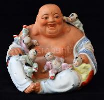 Porcelán ülő Buddha szobor, részben bisquit, részben mázas, kézzel festett, jelzés nélkül, kis kopásnyomokkal, m: 18 cm
