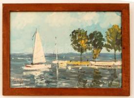 Bánfi jelzéssel: Balatoni móló vitorlásokkal. Olaj, karton, üvegezett keretben, 22×32 cm