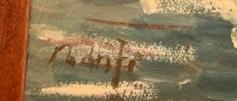 Bánfi jelzéssel: Balatoni móló vitorlásokkal. Olaj, karton, üvegezett keretben, 22×32 cm