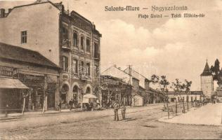 Nagyszalonta, Salonta Mare; Toldi Miklós tér, Mozgó, Schillinger Ferencz üzlete, Szalontai Lapok, kiadja Döme Károly / square, shops (EK)