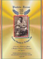 1997 Meghívó Puskás Ferenc (1927-2006) 70. nemzetközi születésnapi gálaestjére, ünnepi menüvel, valamint angol és magyar nyelvű ismertetővel az ünnepeltről, Jenei Imre (1937- ) és mások aláírásaival /  1997 Invitation card to the celebration of the 70th birthday of Ferenc Puskás (1927-2006) Hungarian football player, with menu card and a brochure about Puskás in Hungarian and in English, with the signatures of Imre Jenei (1937- ) trainer and other significant ones